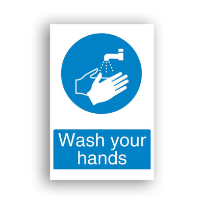 Wash Your Hands mandatory sign safety sign with two white hands held under a running tap, with water droplets falling onto them, set within a blue mandatory circle.