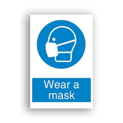 Wear a Mask mandatory sign safety sign with white silhouette of a human head in profile wearing a respiratory face mask, set within a solid blue mandatory-action circle.