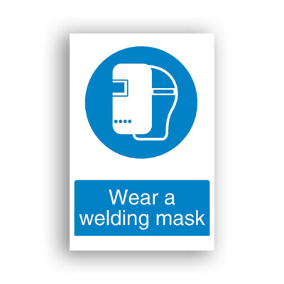 Wear a Welding Mask mandatory sign safety sign with a white pictogram of a flip-front welding helmet with a hinged visor, shown in profile on a blue circular background.