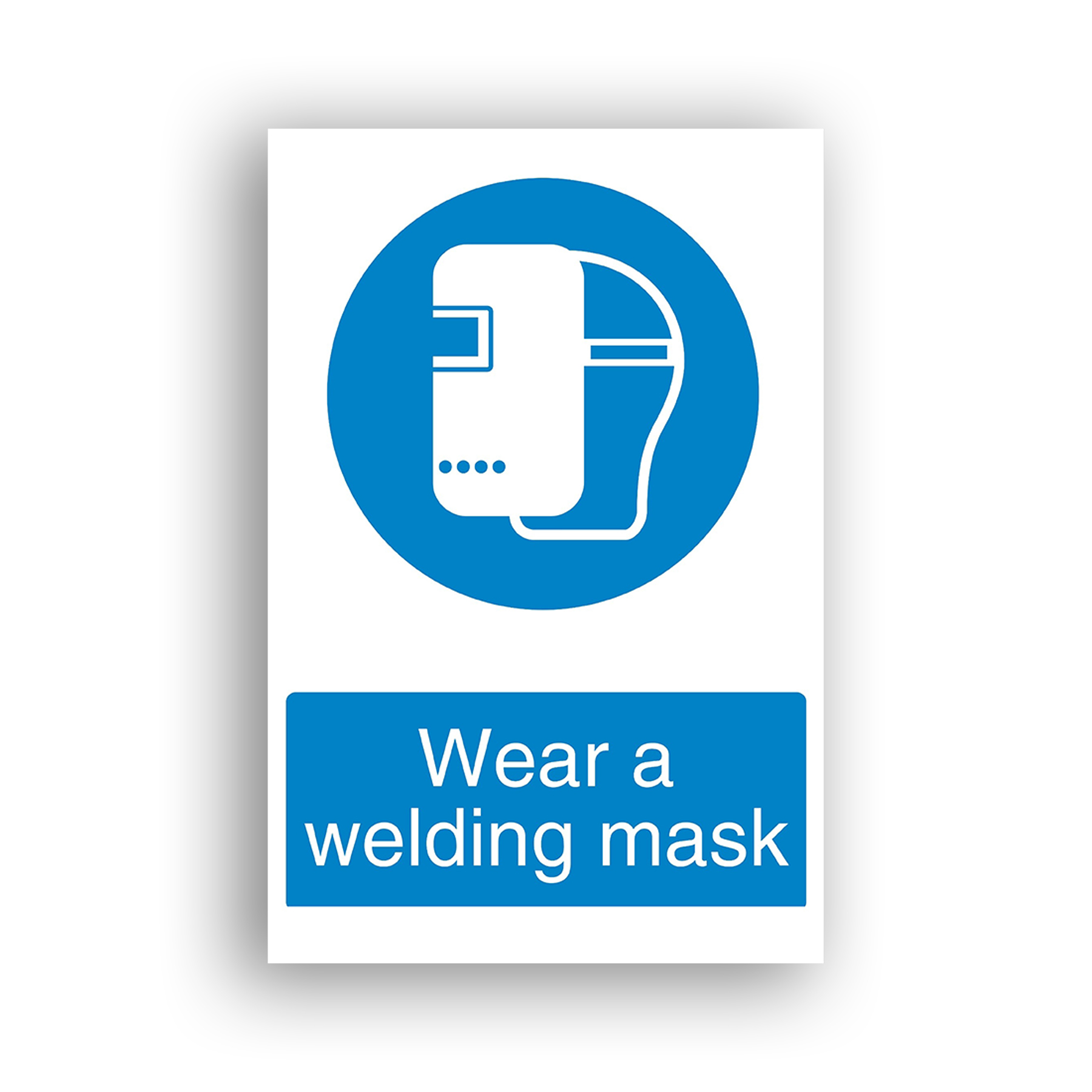Wear a Welding Mask mandatory sign safety sign with a white pictogram of a flip-front welding helmet with a hinged visor, shown in profile on a blue circular background.