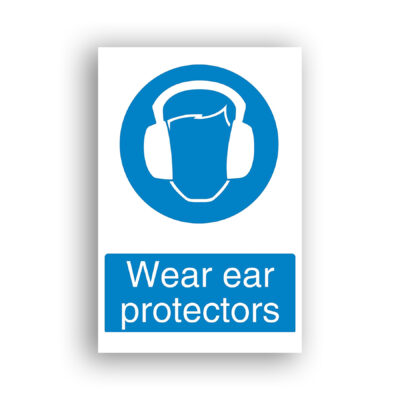 Wear Ear Protectors mandatory sign safety sign with white silhouette of a human head wearing over-ear hearing protection muffs, centred on a solid blue circle.