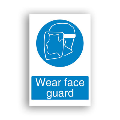 Wear Face Guard mandatory sign safety sign with white pictogram on a blue circle depicting a side-profile head wearing a full-face protective visor with headband.