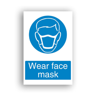 Wear Face Mask mandatory sign safety sign with white outline of a human head wearing a fitted face mask with ear loops, set within a solid blue circle.