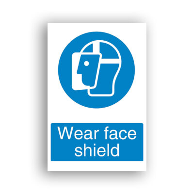Wear Face Shield mandatory sign safety sign with white silhouette of a human head in profile with a rectangular face shield visor shown in front of the face, set within a solid blue circle.
