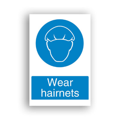 Wear Hairnets mandatory sign safety sign with front-facing outline of a human head wearing a hairnet, depicted in white on a blue circular field.