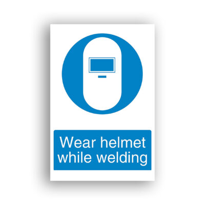 Wear Helmet While Welding mandatory sign safety sign with a white welding face shield with a rectangular dark viewport, centred on a blue mandatory-action circle.