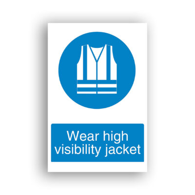 Wear High Visibility Jacket mandatory sign safety sign with white pictogram of a high-visibility vest with reflective strips on a solid blue circle.