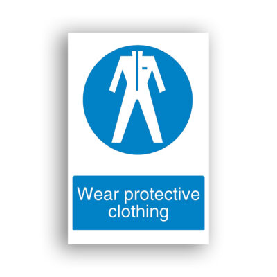 Wear Protective Clothing mandatory sign safety sign with white pictogram of a full-body coverall or boilersuit centred on a solid blue circle.
