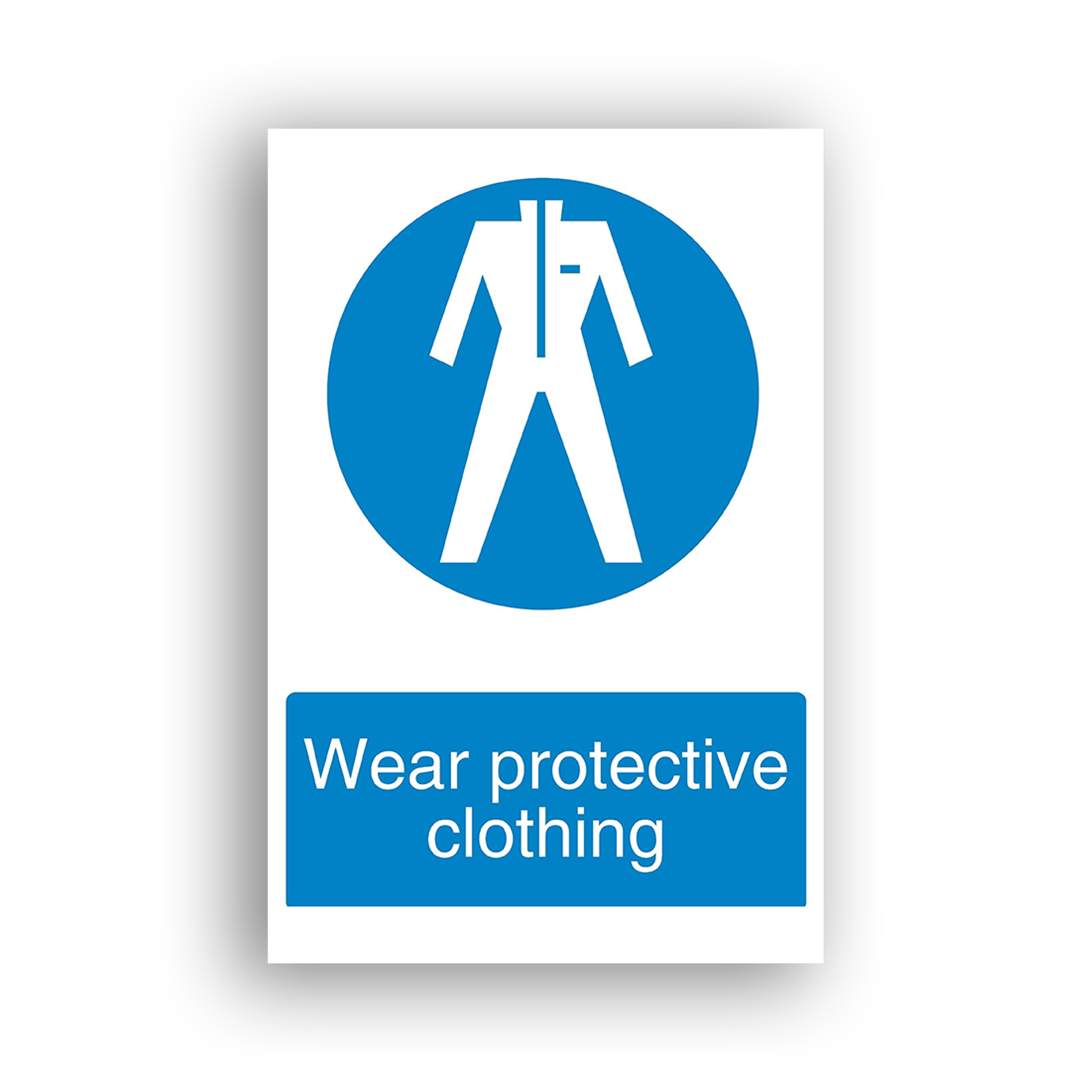 Wear Protective Clothing mandatory sign safety sign with white pictogram of a full-body coverall or boilersuit centred on a solid blue circle.