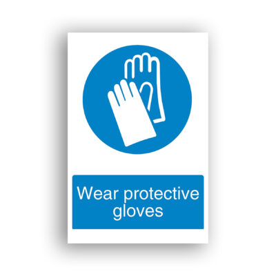 Wear Protective Gloves mandatory sign safety sign with two white protective gloves shown side by side on a blue circular mandatory-action background.