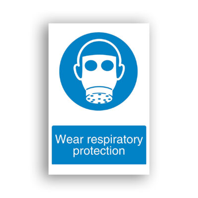 Wear Respiratory Protection mandatory sign safety sign with white pictogram of a human head wearing a full-face respirator with goggle lenses and a circular filter canister, centred on a solid blue circle.