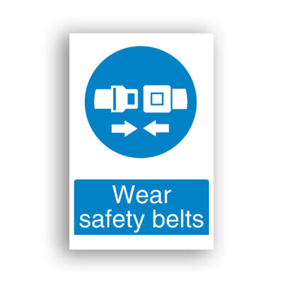 Wear Safety Belts mandatory sign safety sign with a white seatbelt buckle clasp shown fastening together, with two arrows pointing inward indicating engagement, on a blue mandatory circle.
