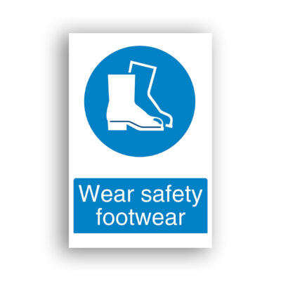 Wear Safety Footwear mandatory sign safety sign with white pictogram of two safety boots on a blue circle, shown from the side to indicate protective footwear requirement.