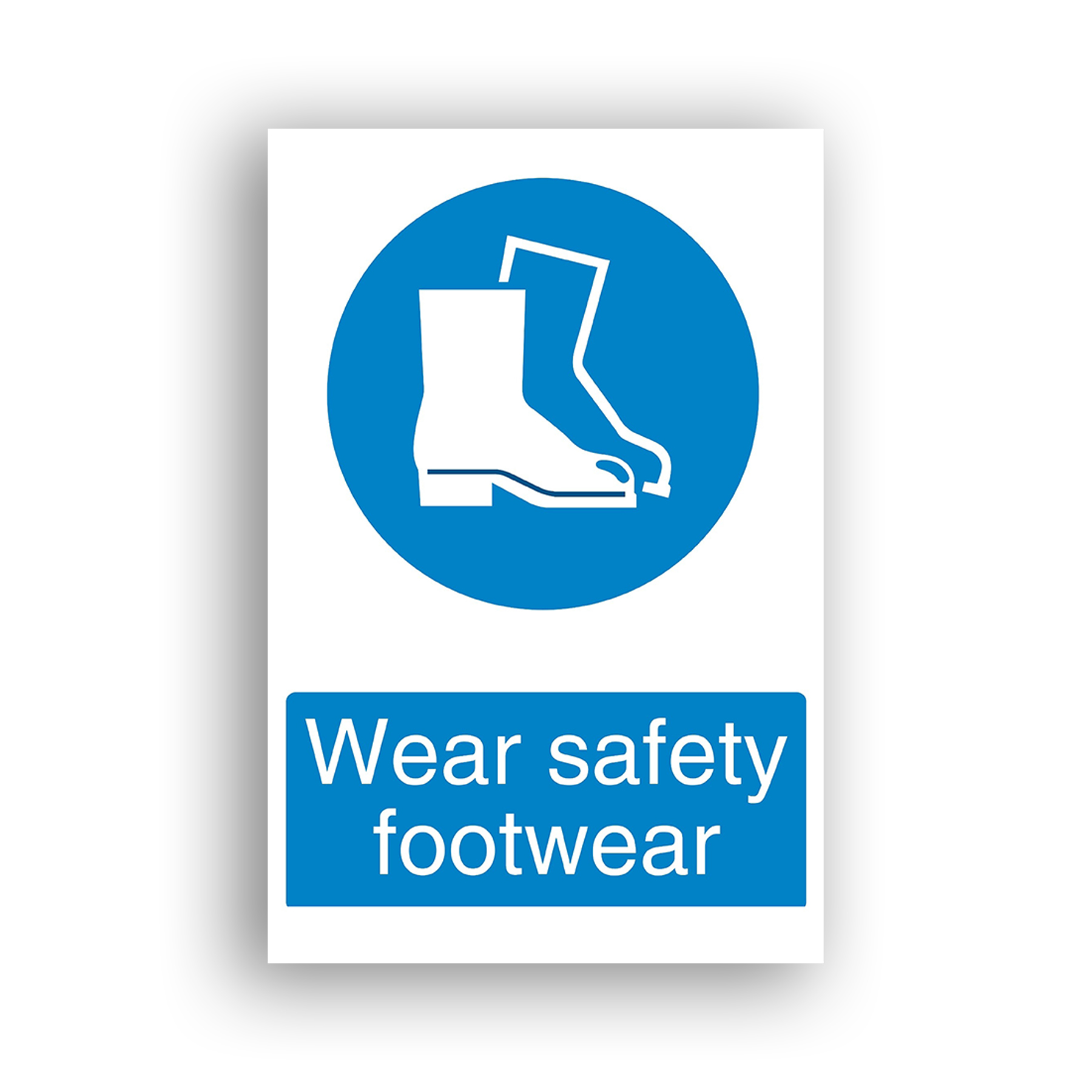 Wear Safety Footwear mandatory sign safety sign with white pictogram of two safety boots on a blue circle, shown from the side to indicate protective footwear requirement.